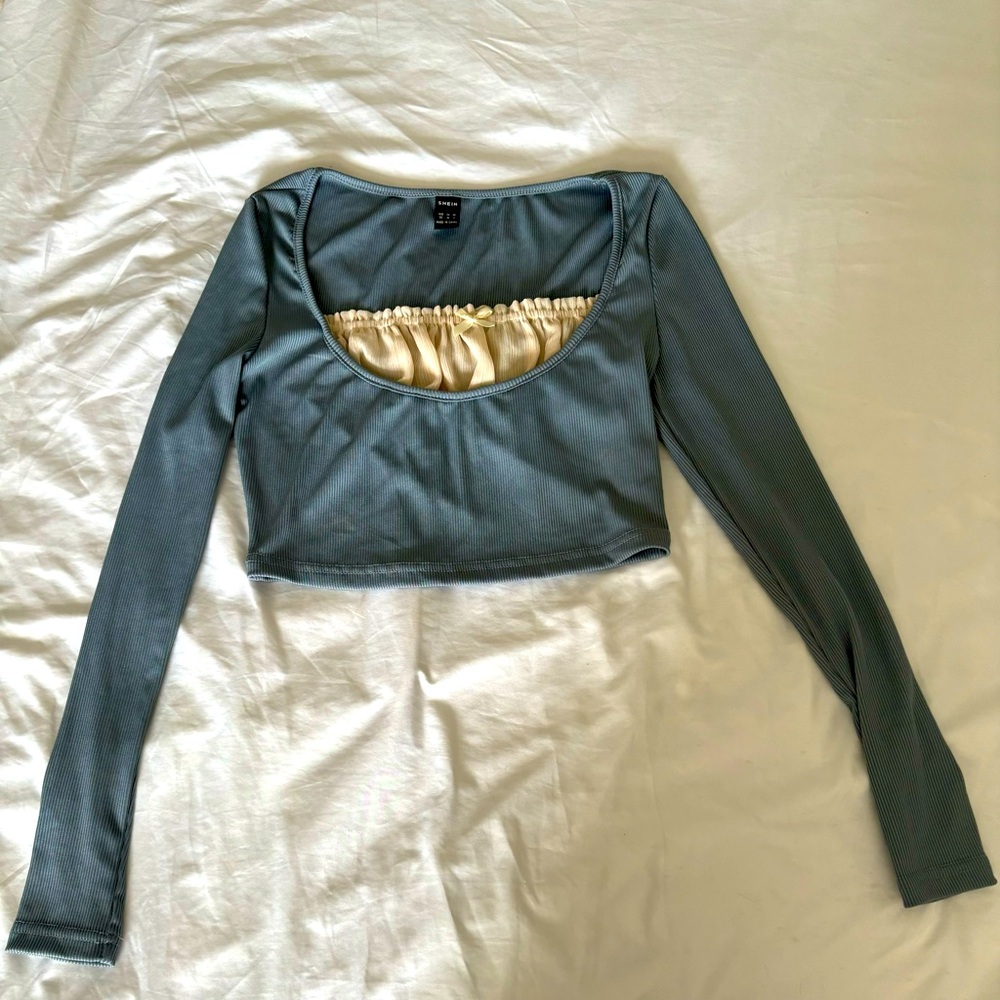 Shein long sleeve blue shirt with ruffle detail